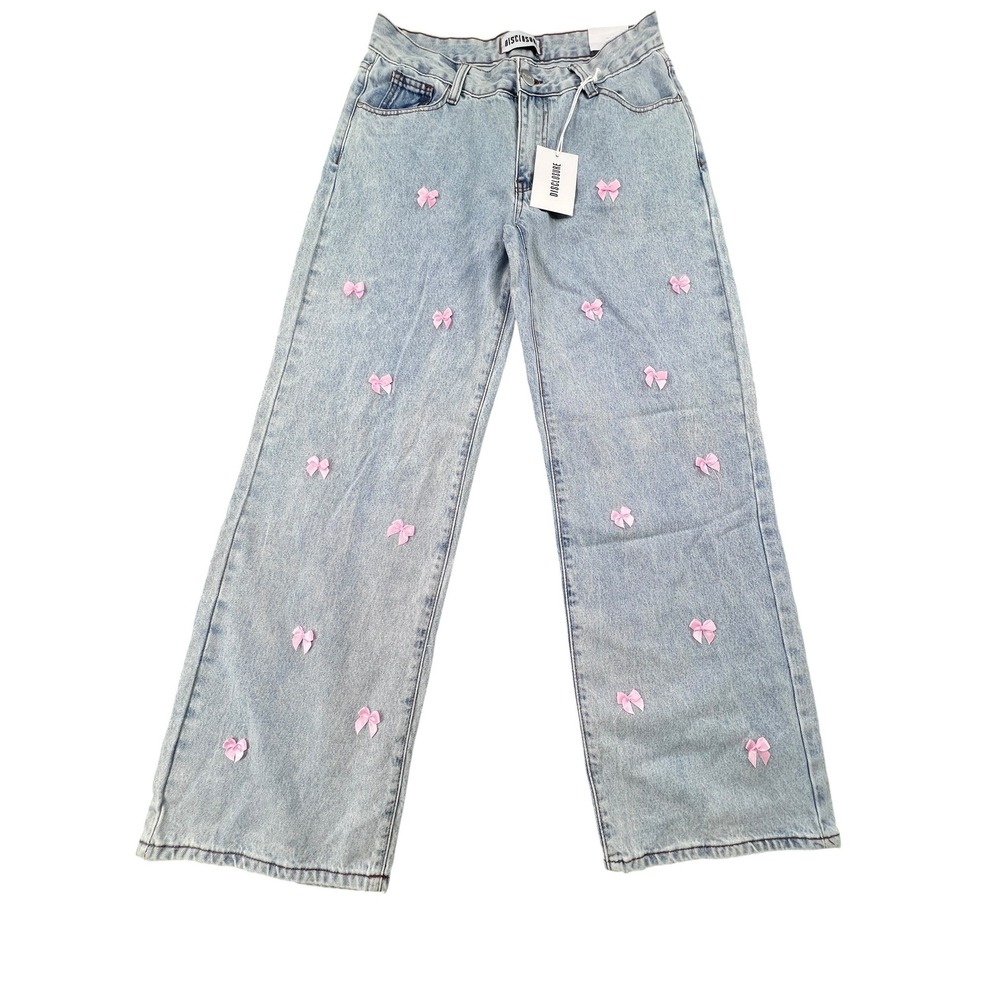 Edikted Lucille Pink Bow Wide Leg Jeans Light Wash Low Rise Denim Size 7/28 New